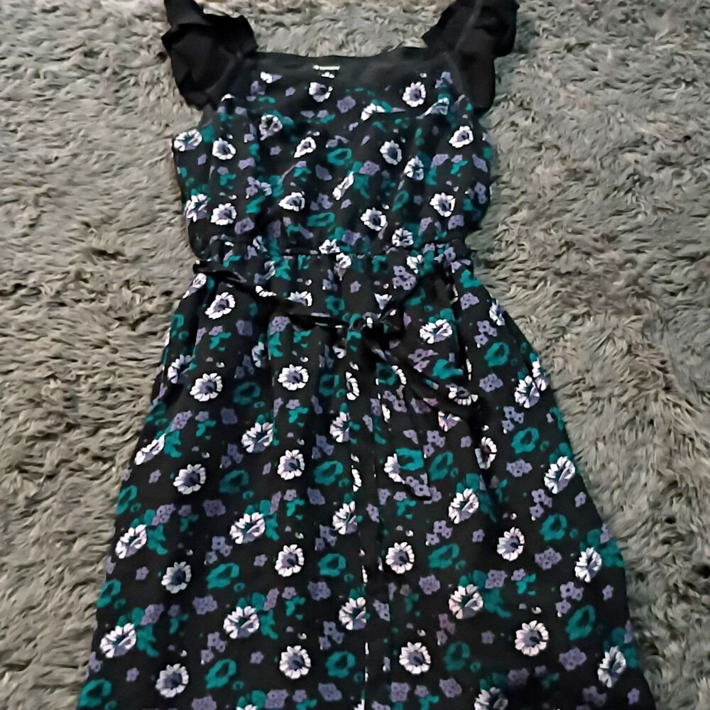 I Heart Ronson Women’s XS Black Floral A-Line Sleeveless Belted Knee Dress